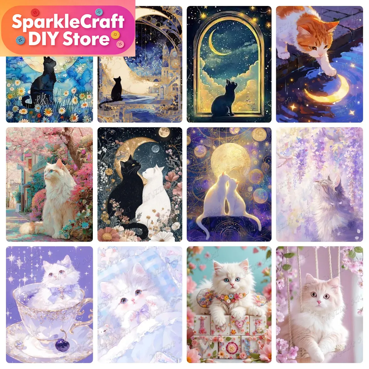 Embroidery Embellishments - Dier Kat Maan Diamant Schilderij Kit