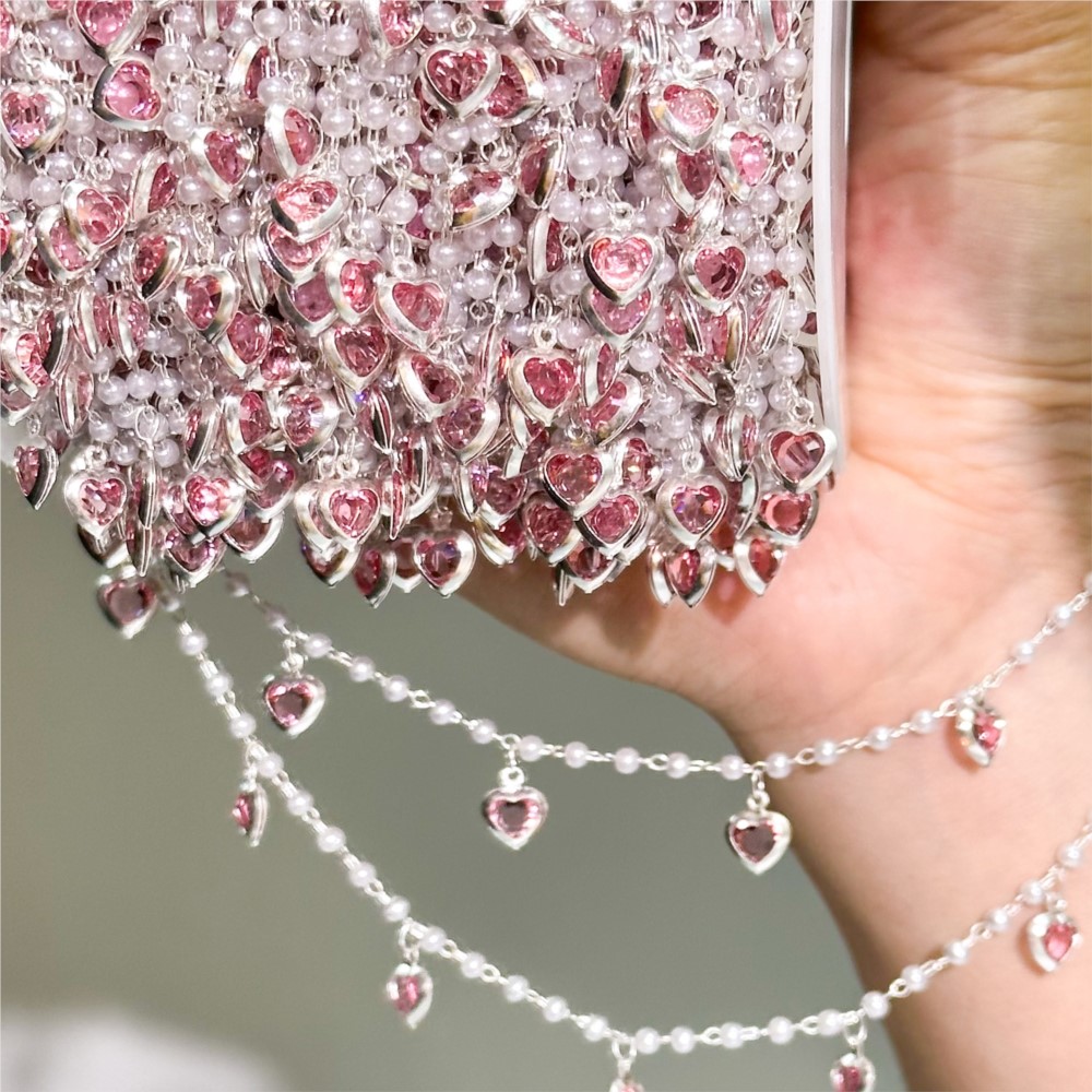 Pearl Trim Chain - 0,5 meter/1 meter roze kristallen hart