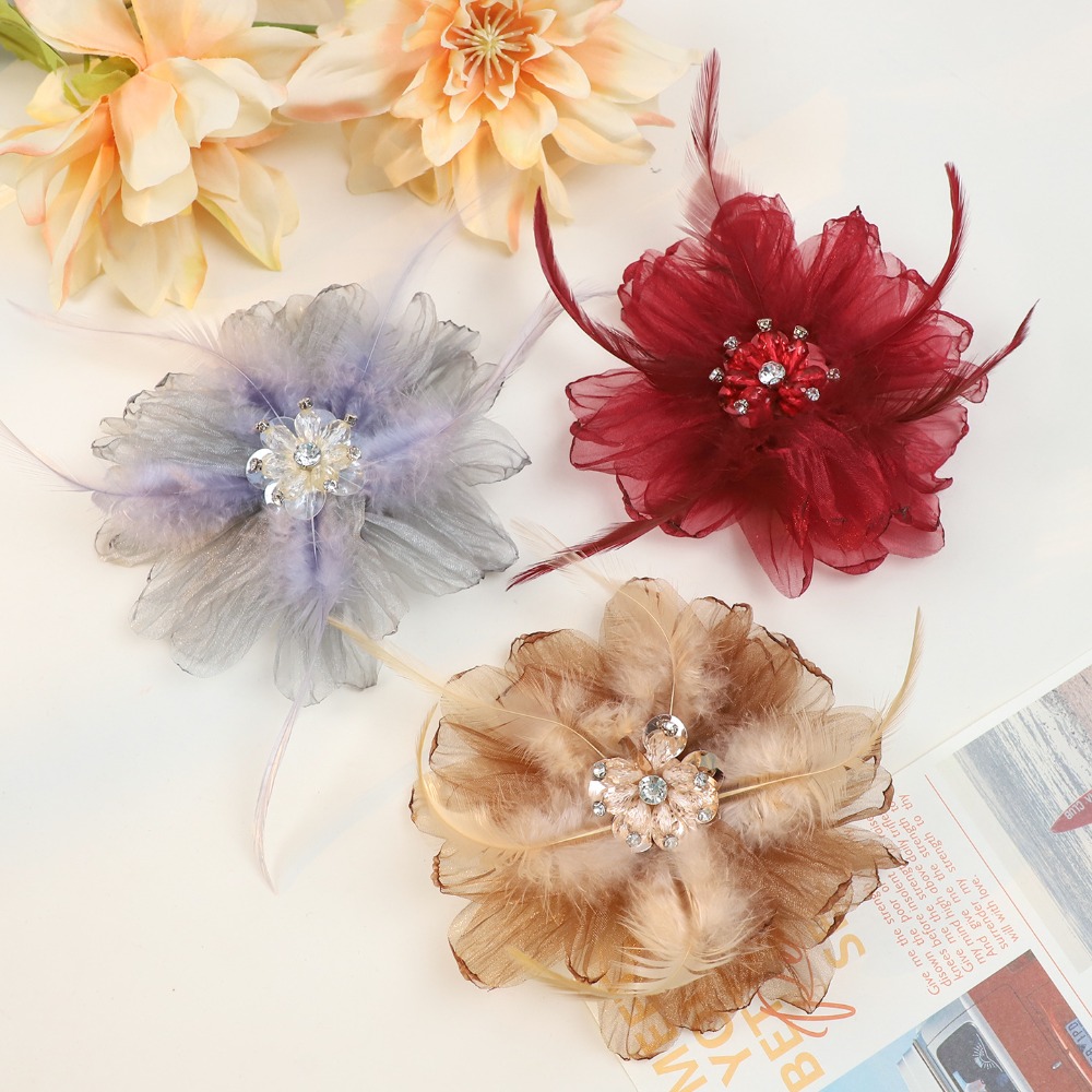 Crystal Mesh Fabric - Handgemaakte mesh veren bloemenbroches voor vrouwen,