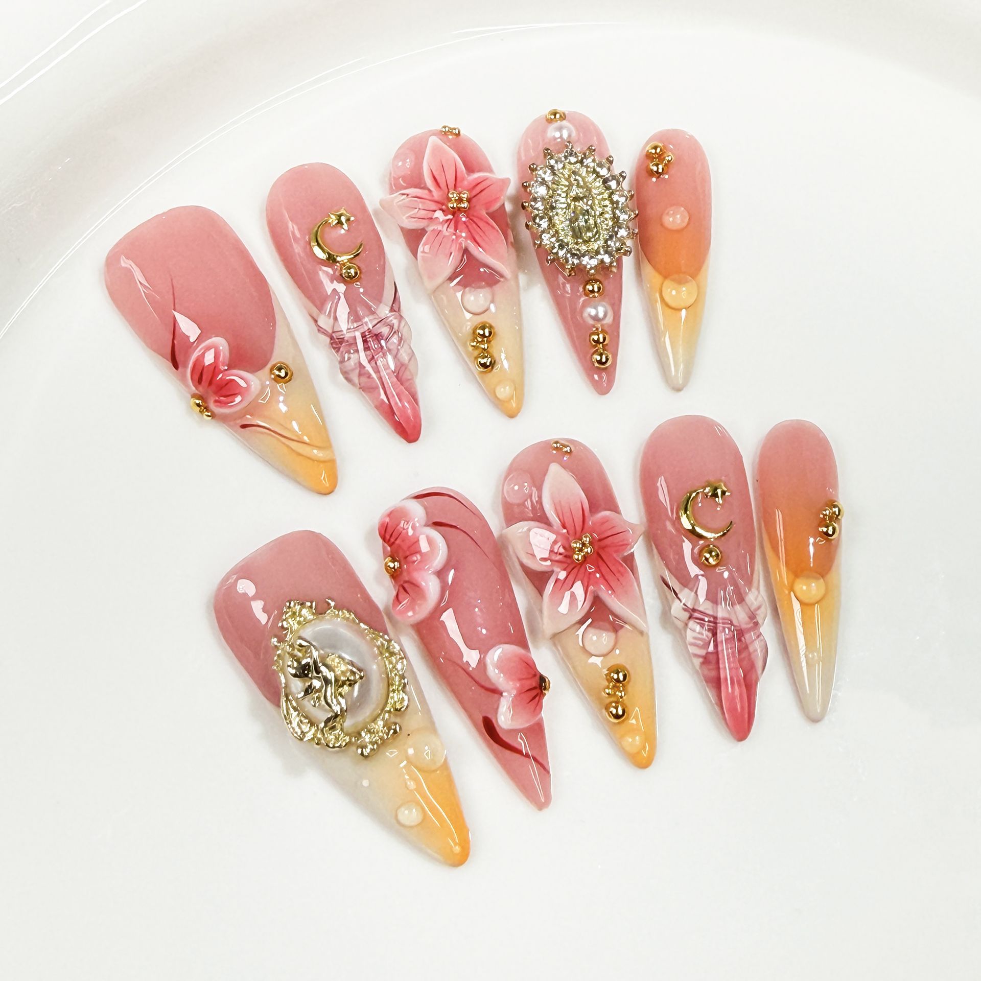 Embroidery Embellishments - 10 stuks retro bloemdesign valse nagels